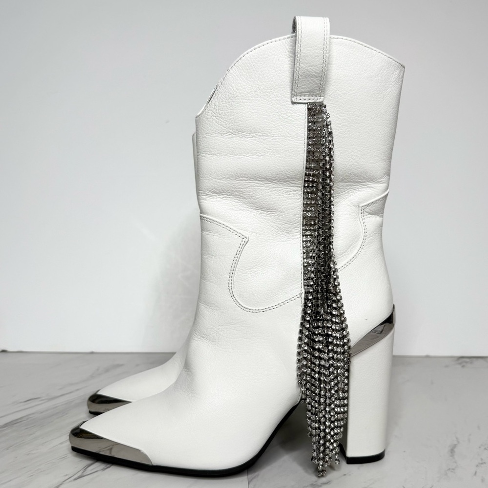 Daniel Diamond Stagecoach White Leather Pointy Toe Rhinestone Fringe Bootie 5
